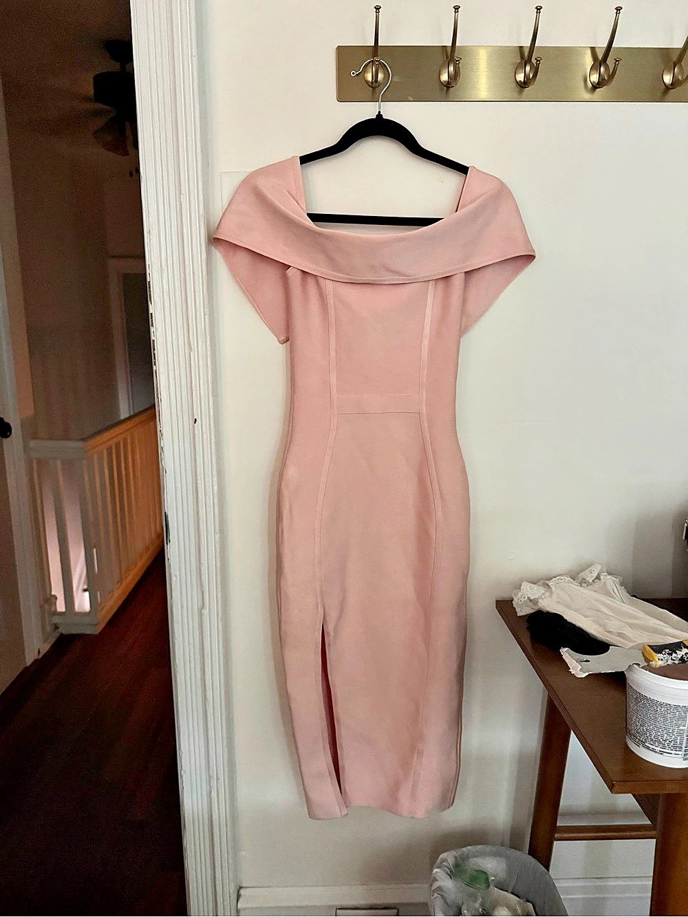 House of CB Blush Pink Off Shoulder Bandage Midi Dress